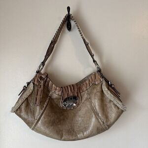 Vintage Y2K Guess Purse Slouchy Hobo Bag Beige Tan Fur Trim Preppy Classic Rare